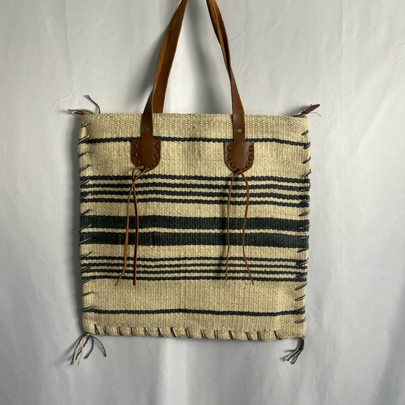 Striped Woven Tote in Cream and Black with Brown Leather Straps - Picture 2 of 6